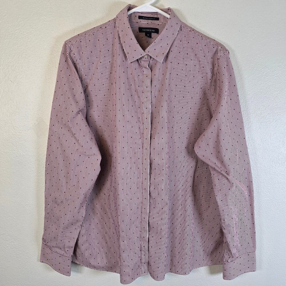 Lands End Shirt Women's 16 Red White Stripe Swiss Dot Cotton Classic Work Casual